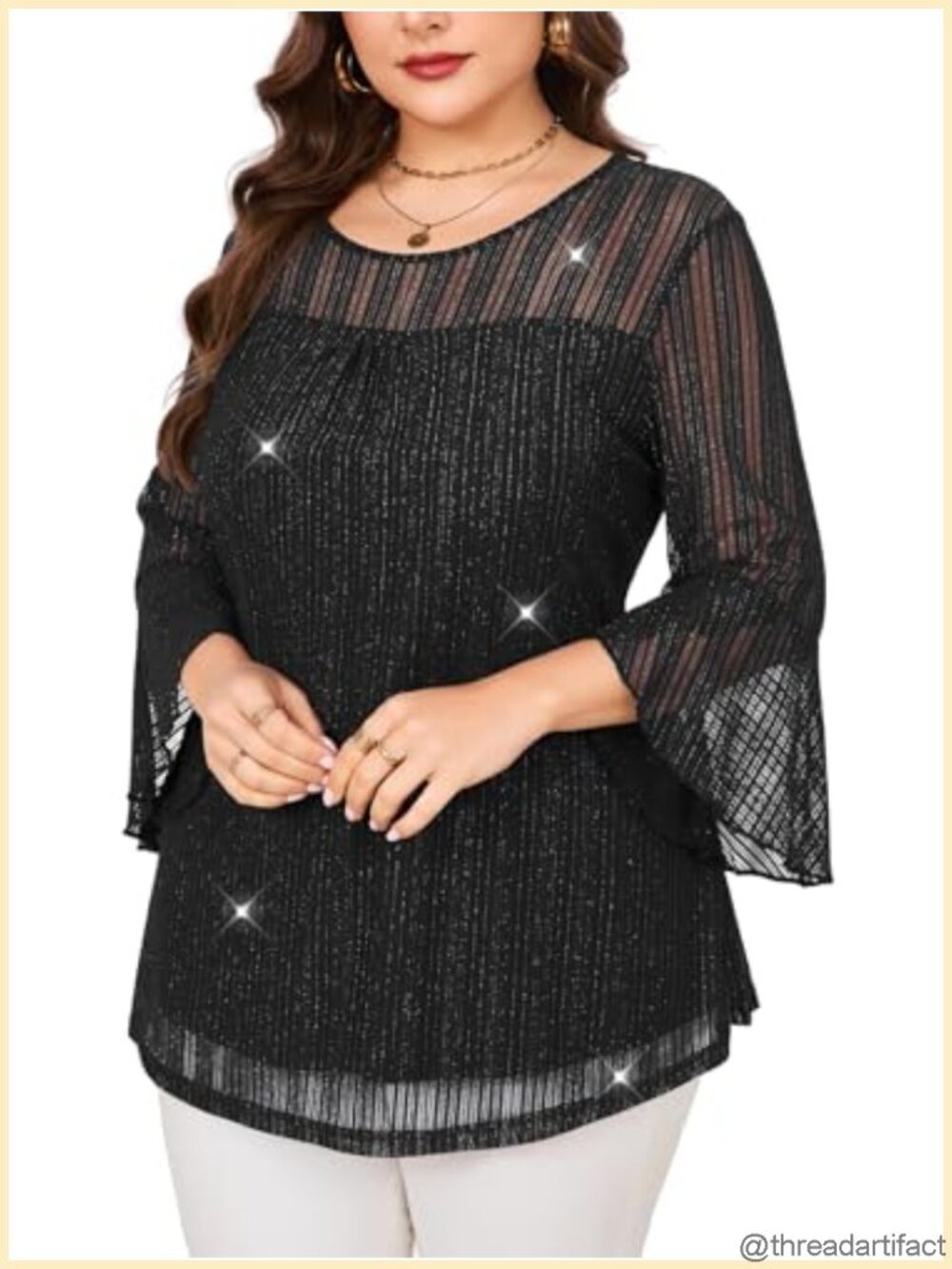 Plus Size Ruffle 3/4 Sleeve Sparkly Mesh Tunic Top Casual Elegant